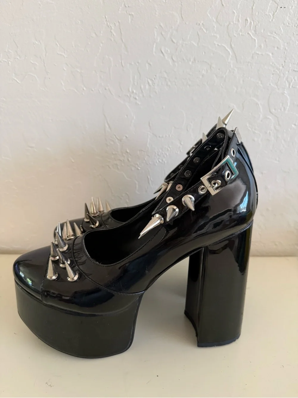 Black Patent Platform Mary Jane Heels with Silver Spikes